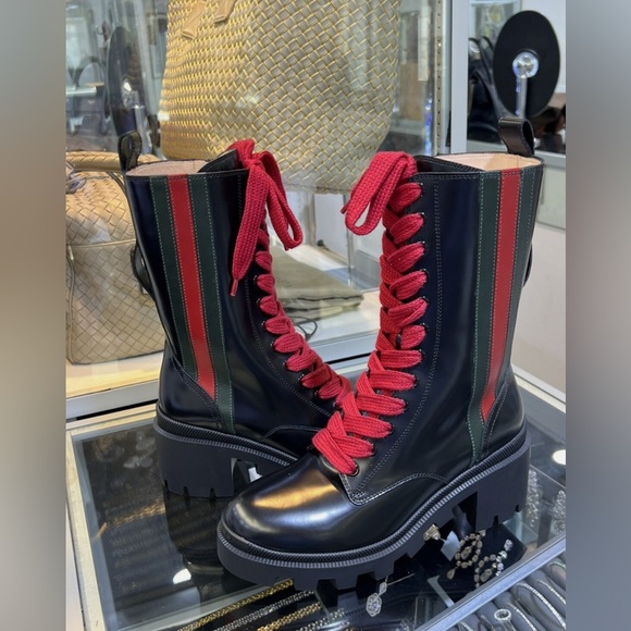 New GUCCI Black Leather Sylvie Web Stripe Lace Up Combat Boots Size 36.5 - Picture 12 of 13